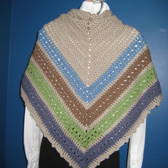 Hand Knit Triangle Shawl / Tan, Green, Blue & Brown - Large shoulder wrap - NEW - Picture 3 of 7